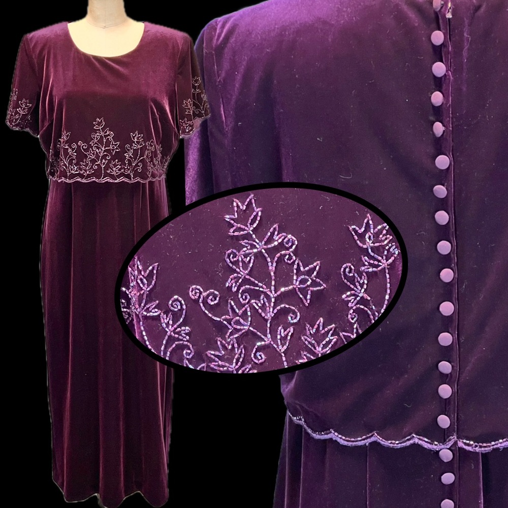 VINTAGE velvet embroidered‎ beaded floral formal dress gown long maxi festive